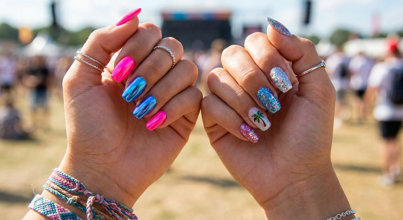 Bold festival gel nail art featuring neon and chrome gel polish at a summer festival