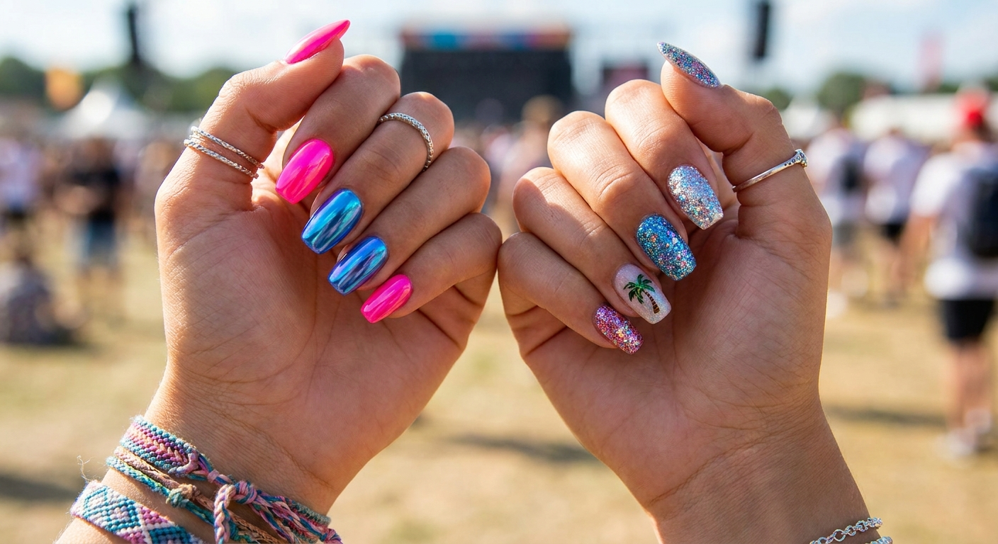 Bold festival gel nail art featuring neon and chrome gel polish at a summer festival