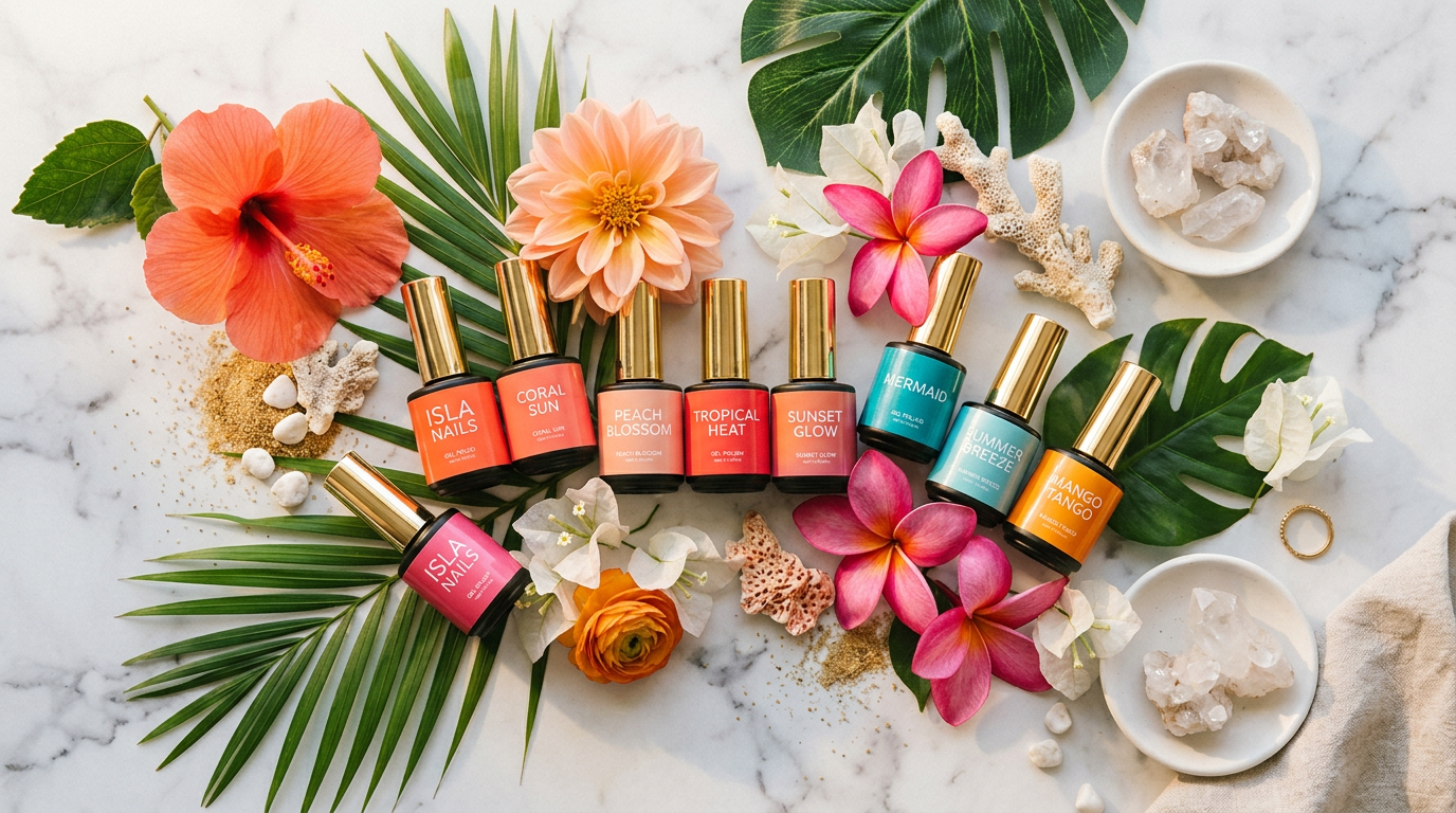 Colourful Chroma Gel nail polish bottles arranged for summer 2026 nail trends