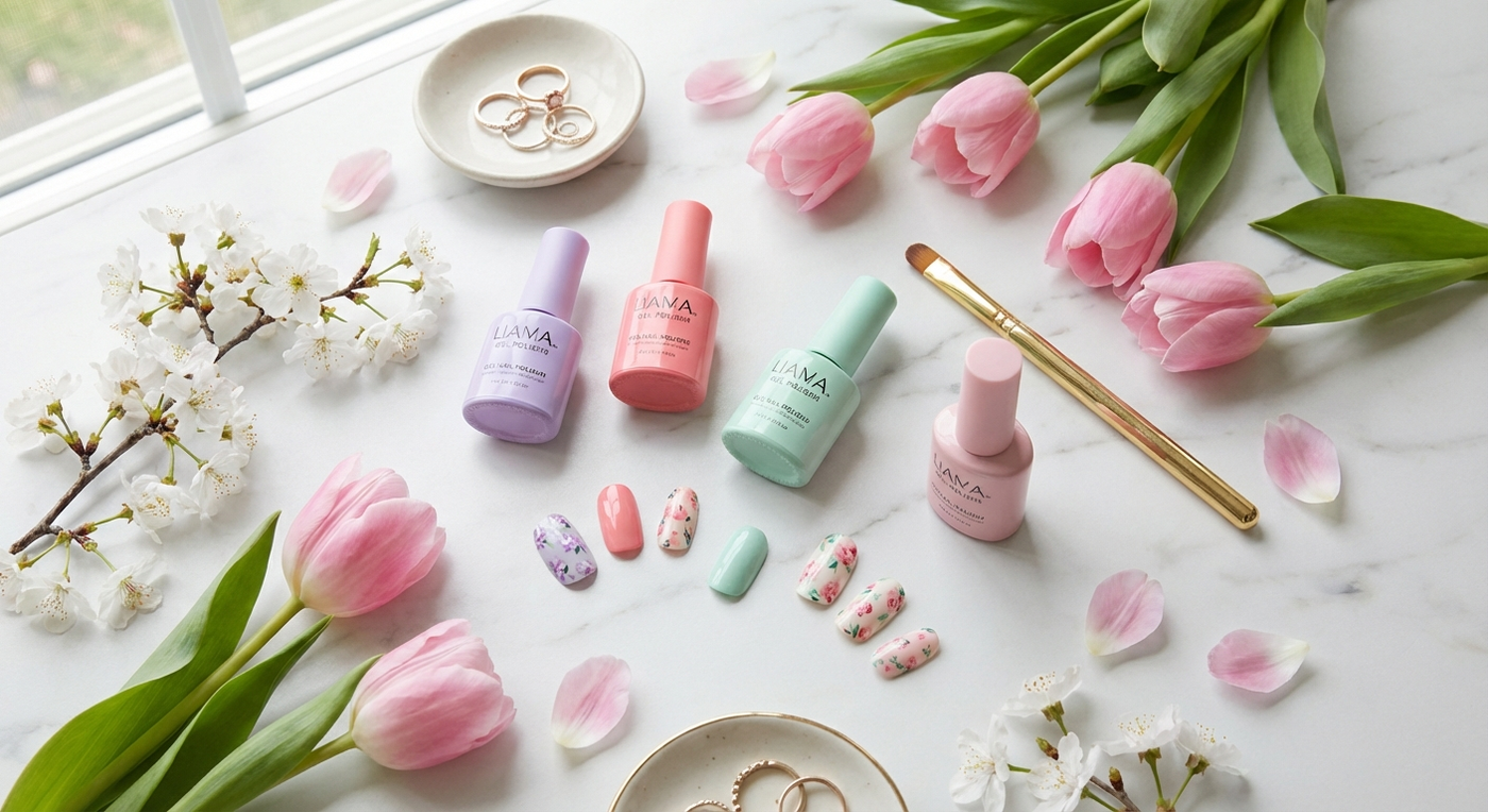 Spring 2026 nail trends featuring pastel gel polish colours with flowers