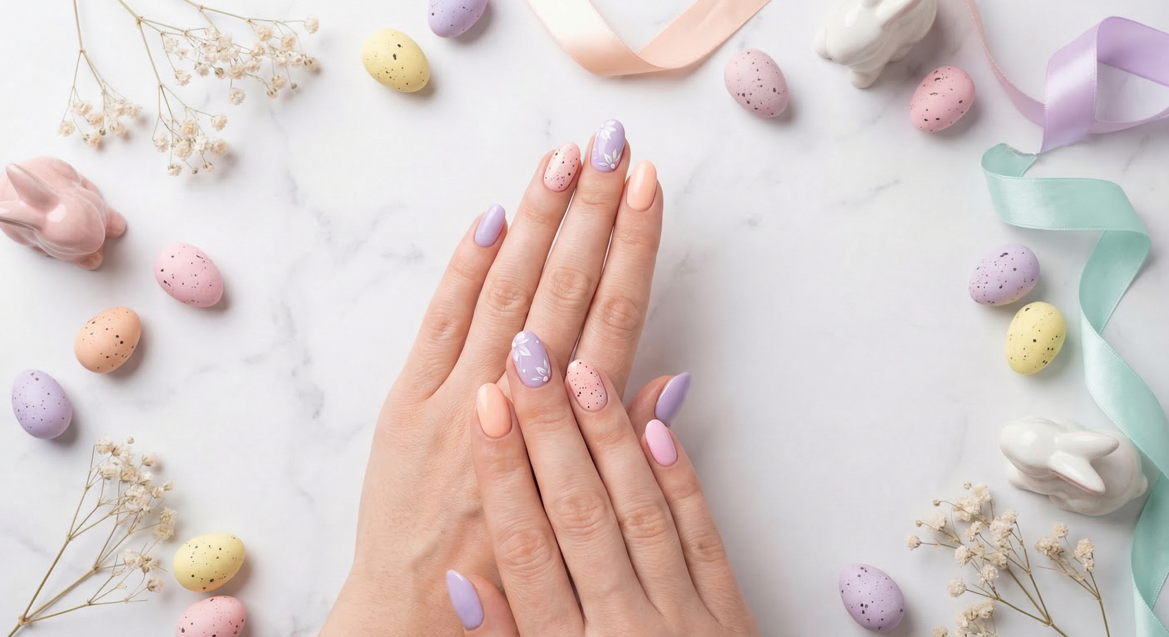 Pastel Easter nail art with lilac peach and pink gel polish surrounded by spring decorations