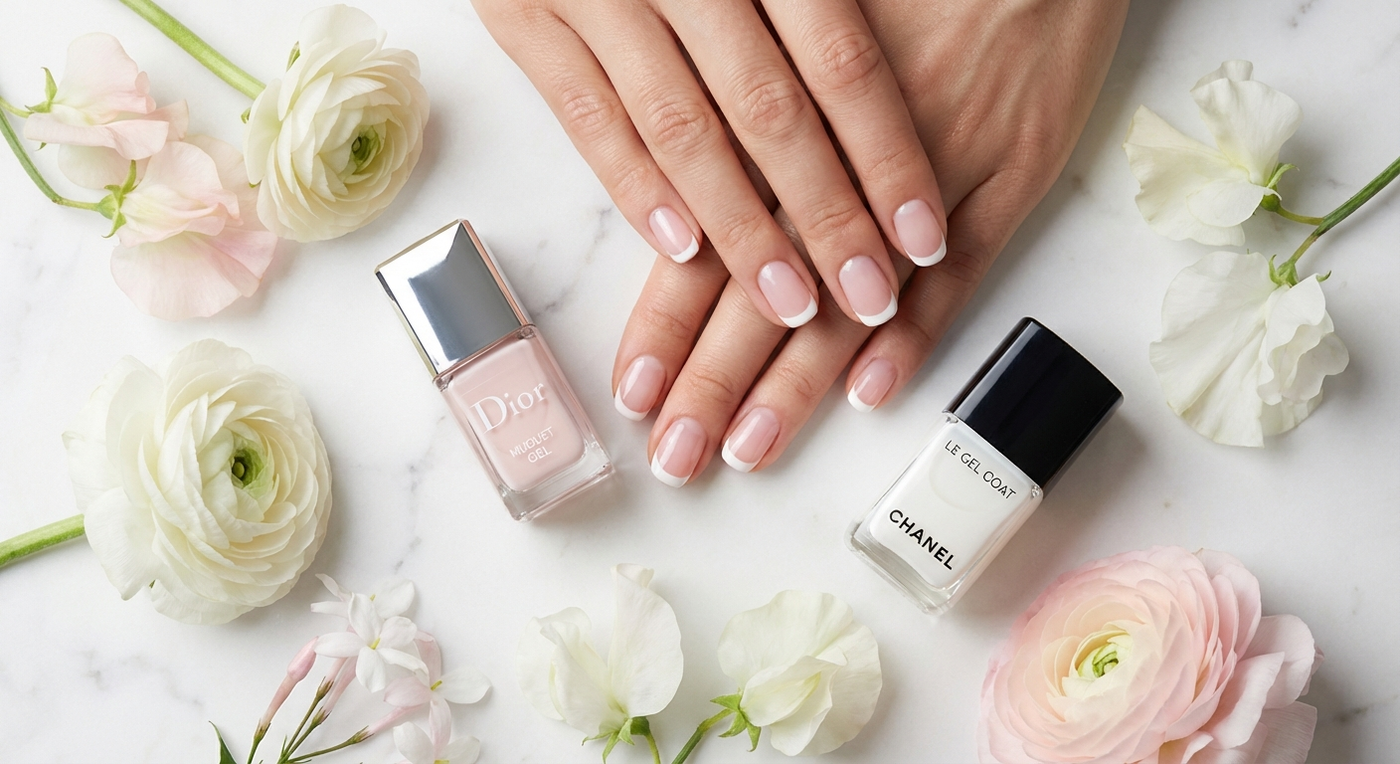 Perfect gel polish French manicure with Chroma Gel French Pink and French White on a white marble background with spring flowers
